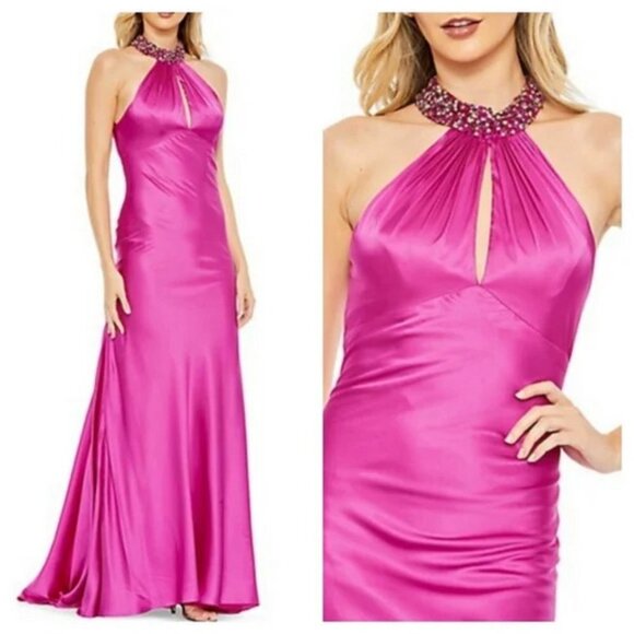 Mac Duggal Fuchsia Beaded Halter Neck Satin Mermaid Gown